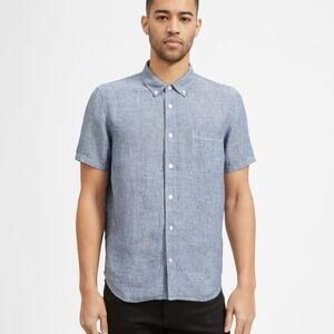 New Everlane Mens Size Large Blue White Linen Short Sleeve Standard Fit Shirt